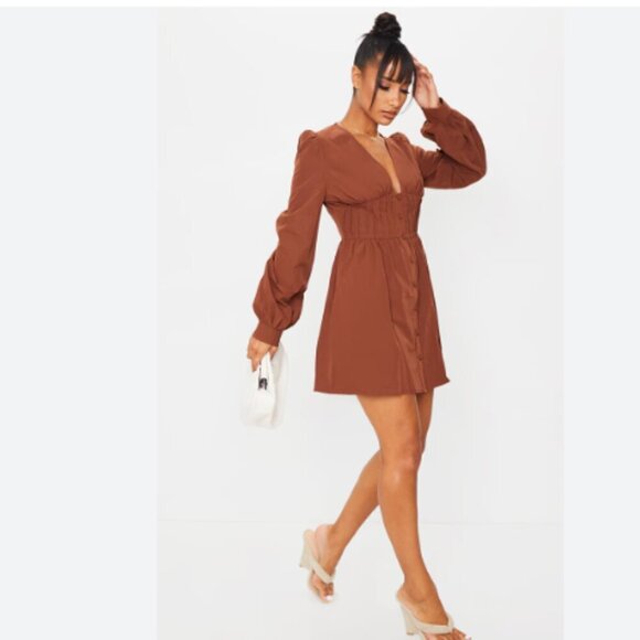 PRETTYLITTLETHING BUTTON FRONT PUFF SLEEVE SKATER SKIRT IN BROWN - 10 - Picture 1 of 13